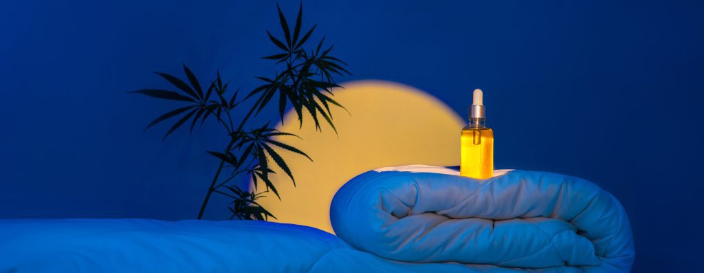 Night bedroom, a bottle of cannabis oil, a cannabis branch on a blanket podium in the moonlight Cannabidil oil improves sleep quality