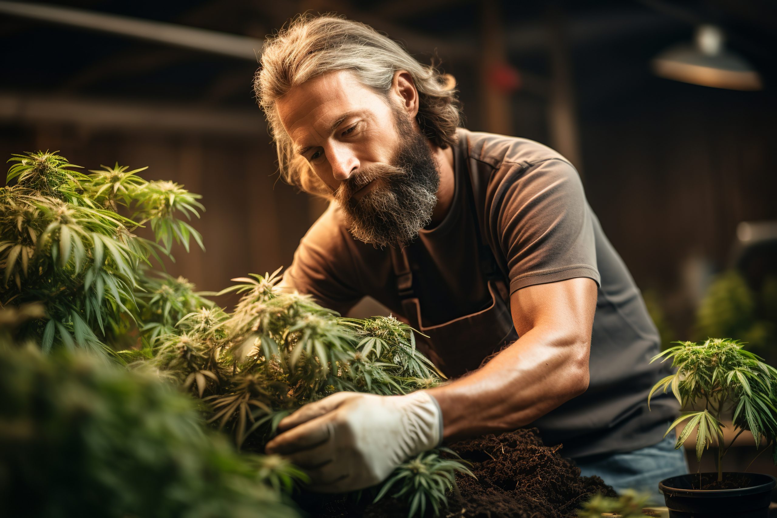 bearded man is planting hemp, marijuana plants in a field in soil against a natural and agricultural background, romanticized country life